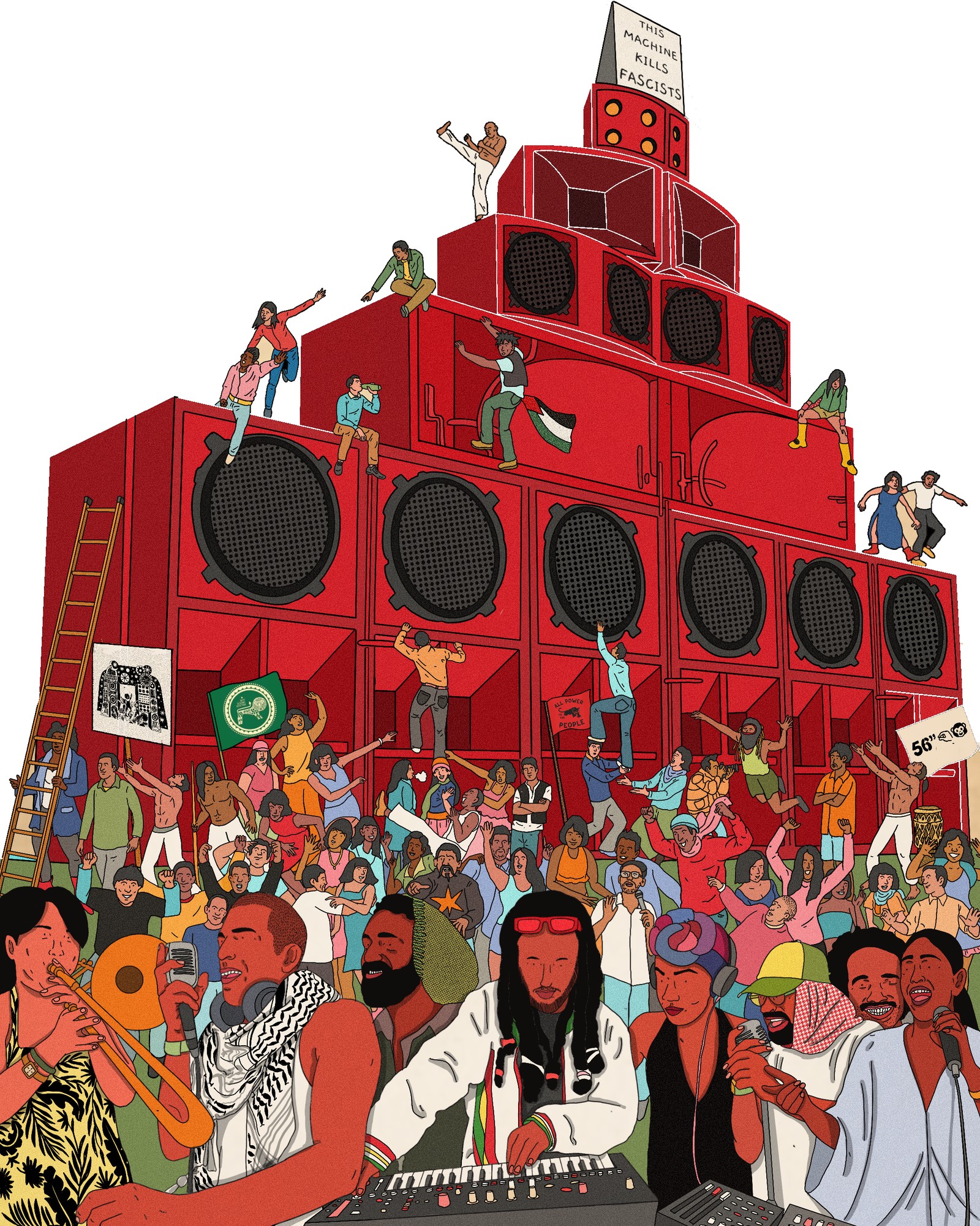 An illustration of a towering red sound system with a jubilant crowd dancing in front of it